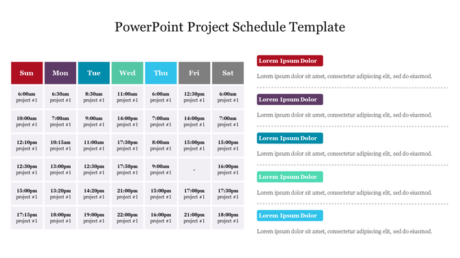 PowerPoint project schedule template showing weekly tasks from Sunday to Saturday, with time slots and project details.