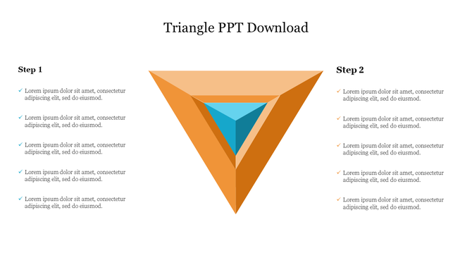 Triangle PowerPoint slide with two steps and checklists on each side with placeholder text.