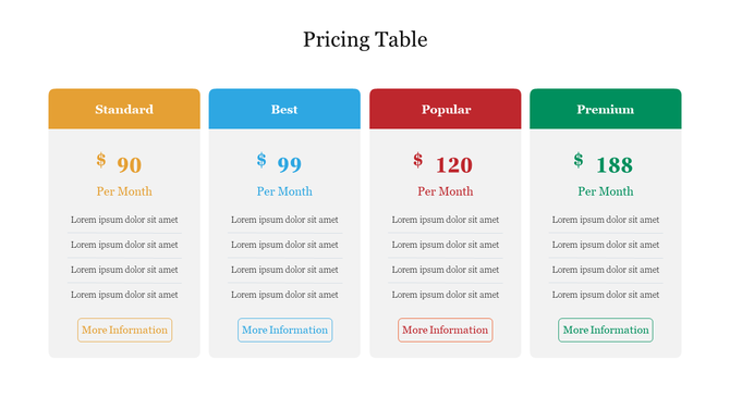 Pricing chart displaying four subscription options in yellow, blue, red, and green, with features and a clickable button.