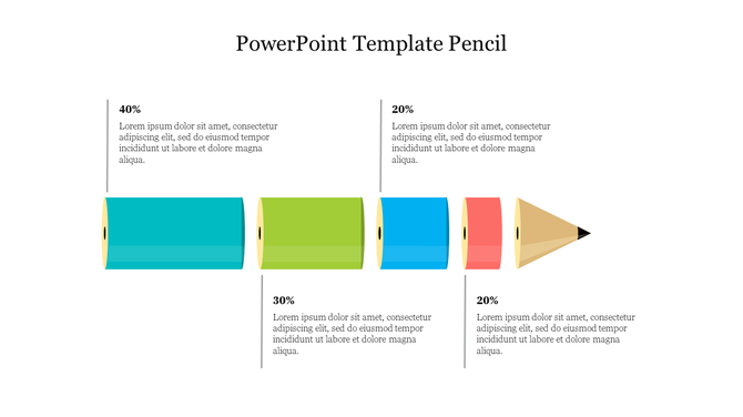 Illustrated pencil diagram with four colorful sections in teal, green, blue, and red, showing data percentages.