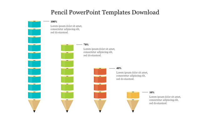 Four stacked pencils in blue, green, orange, and yellow, progressively decreasing in size and labeled with percentage.