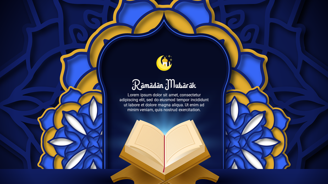 Ramadan themed Google Slide with a glowing Quran illustration and intricate blue and gold Islamic patterns.
