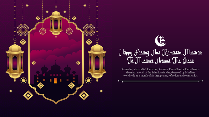 Ramadan slide with golden lanterns hanging on a purple background, featuring a mosque silhouette and decorative patterns.