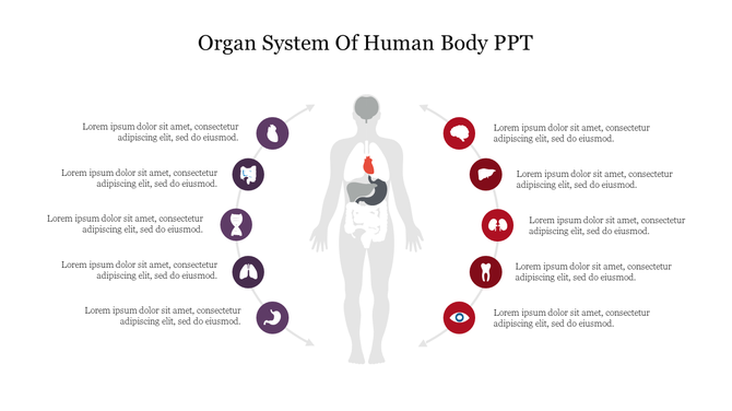 Gray human silhouette with ten icons of various organs in red and purple, with text lines on both sides.