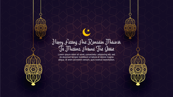 Ramadan Kareem design features golden lanterns, a crescent moon with a star, and festive text on a dark patterned background.