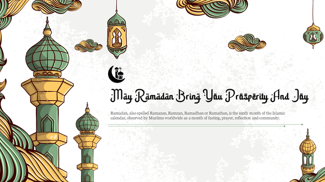 Ramadan themed illustration featuring mosque domes, lanterns, and clouds in gold and green hues, and greeting in the center.