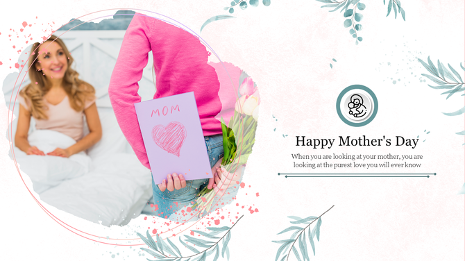 Heartwarming mother's day design with a child offering a card and bouquet to a happy mother on a pastel background.