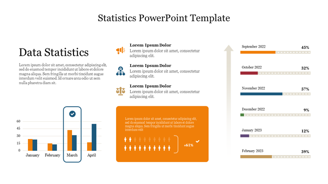 Data statistics template featuring bar graphs, percentages, and text sections for detailed analysis with caption areas.