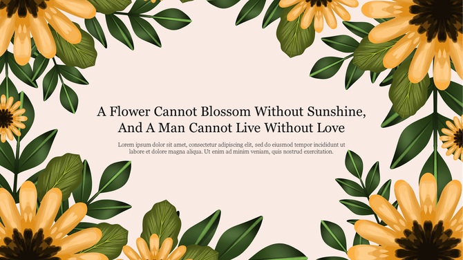 Floral frame with yellow flowers, green leaves, and a soft beige background, arranged symmetrically around the edges.