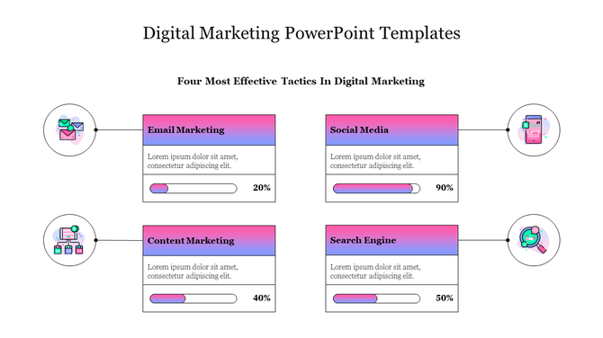 Digital marketing template with colored boxes for each tactic, paired with icons and progress bars showing effectiveness.