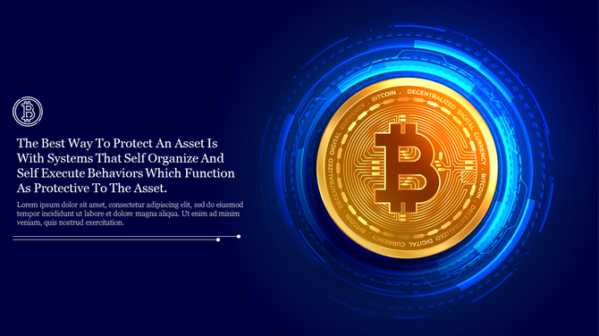 A vibrant PowerPoint background featuring a golden Bitcoin coin illustrates the theme of cryptocurrency and asset protection.