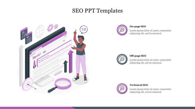 SEO  template with illustration of a person pointing to a search bar, surrounded by icons from on-page to technical SEO.