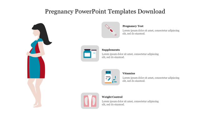 Illustration of a pregnant woman with icons for pregnancy test, supplements, vitamins, and weight control on the right.