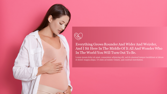 Image of a pregnant woman gently holding her baby bump, paired with a sentimental quote and baby icon in a pink backdrop.