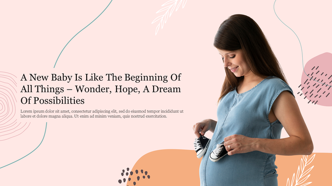 Smiling pregnant woman holding baby shoes against a pastel background with abstract shapes and soft lines.