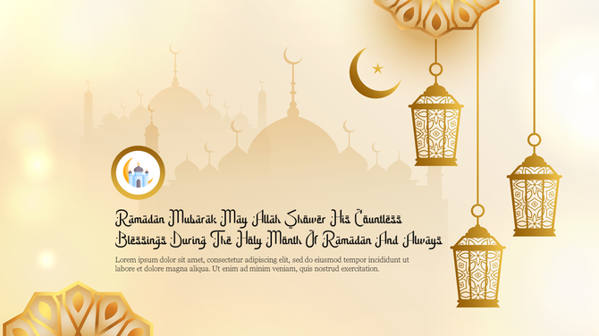Golden Ramadan theme featuring mosque silhouettes, crescent moon, lanterns, and intricate patterns on a beige background.