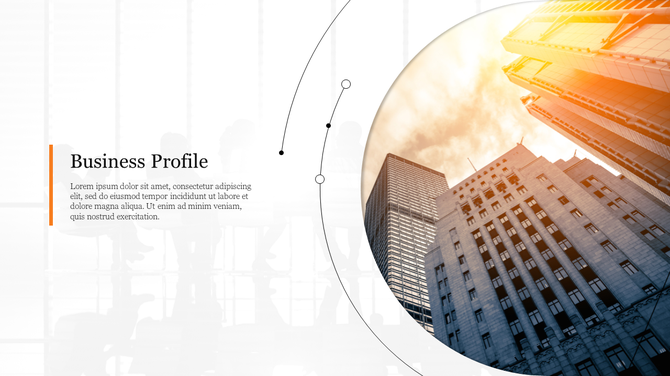 Business profile slide with a circular skyscraper image, featuring abstract black lines and text on a white background.