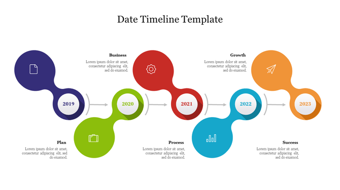 Colorful date timeline PPT template showcasing key years with icons and arrows connecting each text on a white backdrop.