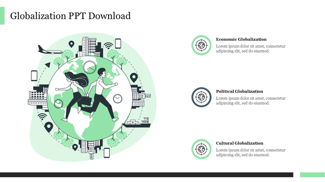 Illustration of a man and woman running around a globe, with various globalization icons and caption areas.