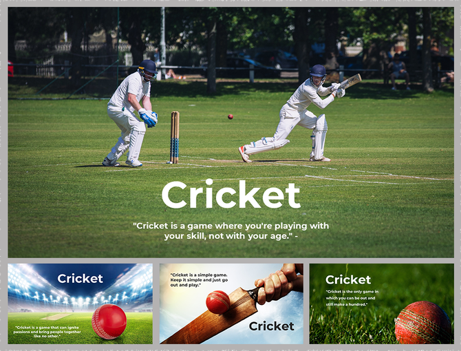 Cricket themed background slides featuring two players and highlighting the sport's dynamic nature with cricket ball and bat.