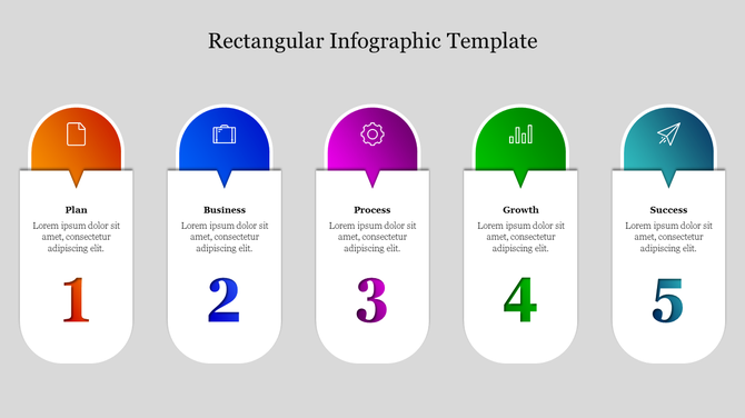 Slide showing five vertical rectangles with colorful top in orange, blue, purple, green, and teal, labeled with steps 1 to 5.