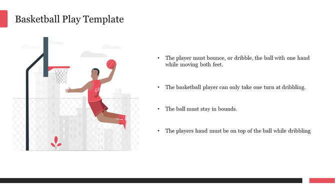 Slide with basketball player dunking on the left and bullet pointed rules on the right, with red accents.
