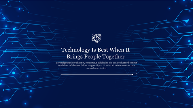 Science and technology themed PowerPoint slide with a dark blue background and a gear icon.