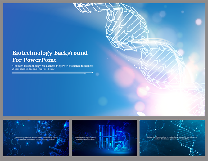 Biotechnology slide deck with glowing DNA strands showcasing laboratory and molecular visuals, on blue background.