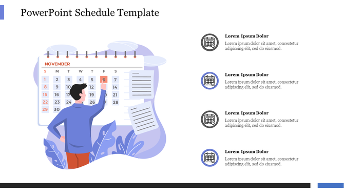Schedule template featuring a large illustrated calendar and task lists, with four circular calendar icons and text rows.