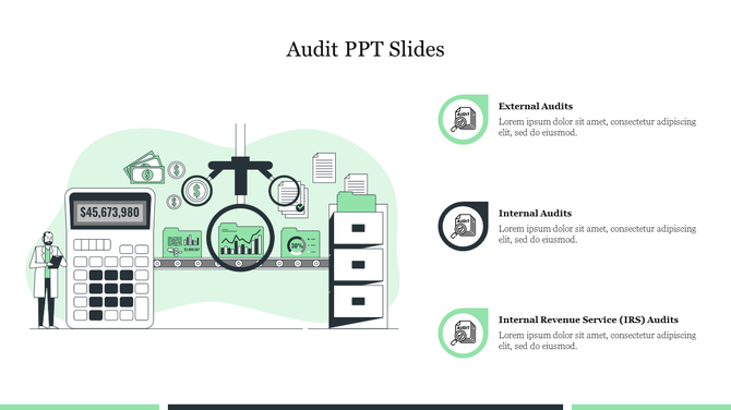 Visual representation of auditing with icons,  and three labeled sections for types of audits on the right.