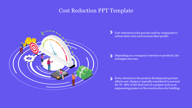 Illustration of cost reduction concept with figures around a meter, coins, and cash with three placeholder text on the right.