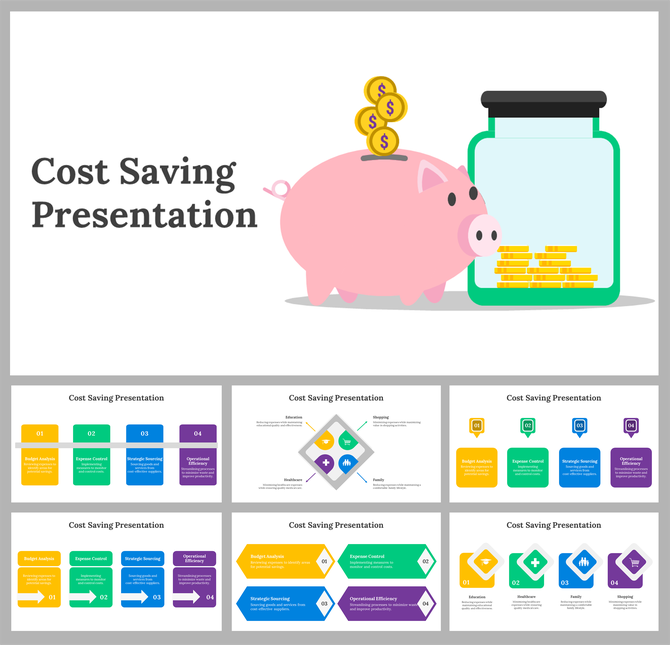 A colorful and engaging cost saving slides with various colorful layout designs and icons with a text descriptions.