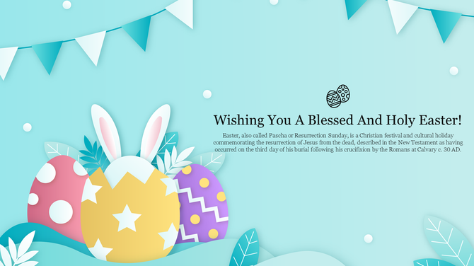 Festive easter design featuring colorful decorated eggs and a bunny, with a greeting message about the holiday.
