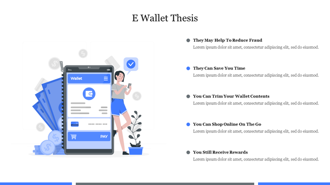 Blue themed slide illustrating an e wallet app on a smartphone with a person using phone and a list of benefits on the right.