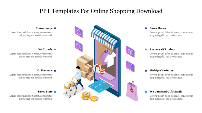 Slide for online shopping with a 3D illustration of a mobile storefront, purple shopping elements, and eight text details.