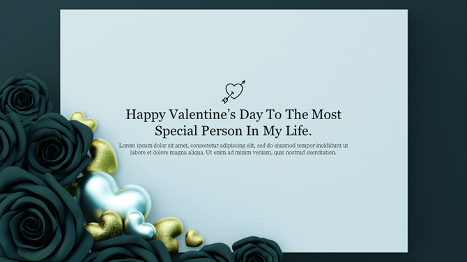 Light blue background with central Valentine’s message, bordered by sculpted teal roses and glossy gold and blue hearts.