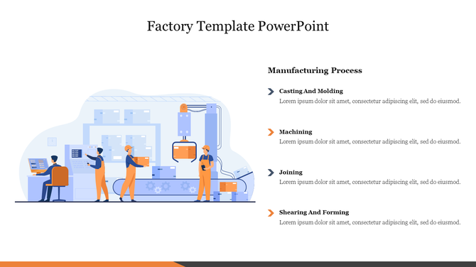 Factory themed slide with illustrated workers and machinery on the left and a list of four manufacturing steps on the right.