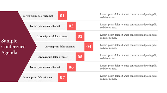 Conference agenda slide with a maroon section on the left and seven rows displaying numbered steps with corresponding text.