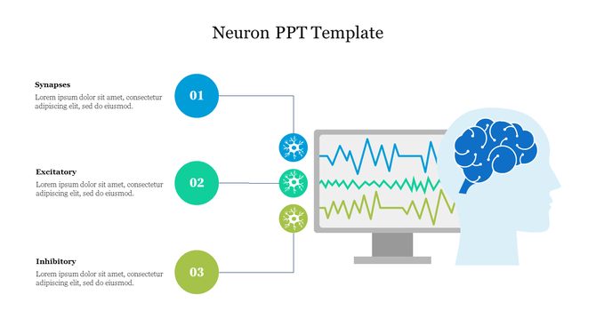 Neural network diagram with synapses, excitatory, and inhibitory neurons, accompanied by brainwaves and a brain illustration.