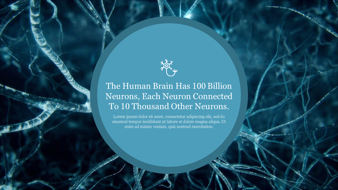 Slide with a blue neuron background, displaying a fact about the brain's neural connections and neuron count.