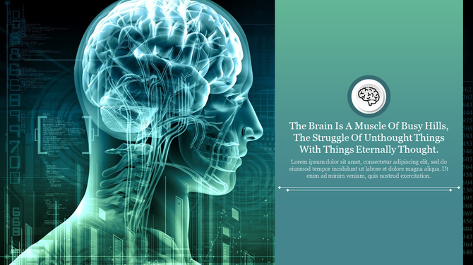 Futuristic brain anatomy illustration with digital overlays and a green panel on the right showing a brain icon and quote.
