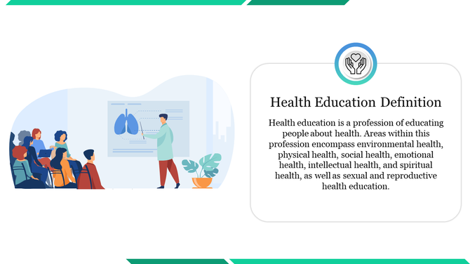Illustration of a person presenting to an audience with a lung diagram, and health education definition in a white box.