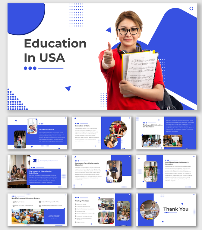PowerPoint slides on education in the USA featuring a smiling student with music sheets, surrounded by educational graphics.