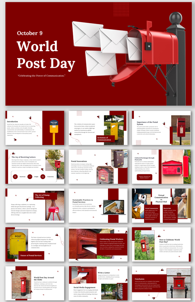 Slide deck featuring postal history, innovations, stamp collecting, and sustainable service practices, in red accents.