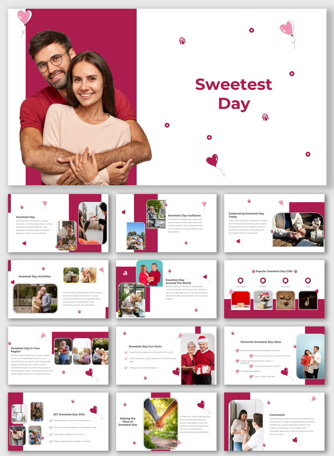 Sweetest Day slides in maroon and white layouts, a couple's photo, and sections for traditions, activities, and gift ideas.