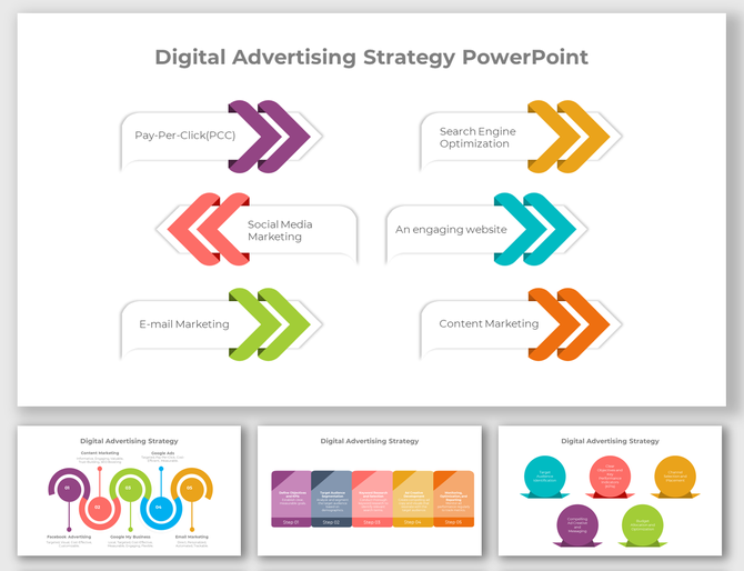 Slide deck on digital advertising strategies with colorful arrows, circles, and rectangles, showing strategies and steps.