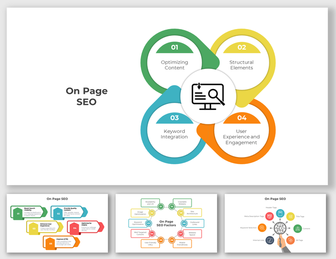 On-page SEO template with a central magnifying glass icon and segmented sections in green, yellow, blue, and orange.