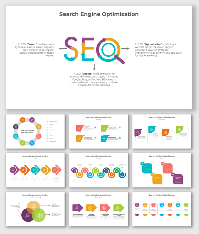 Collection of slides on SEO, featuring various layouts, flowcharts, and icons to illustrate optimization processes and goals.