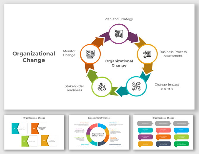 Organizational change slides showing steps with different colorful layout designs and icons.