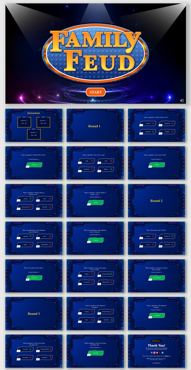 Family Feud game slide deck featuring glowing blue interface, superhero questions, round markers, and answer feedback.